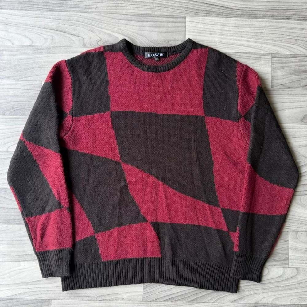 B.O.W.W. Geometric Checkered Sweater Size L Burgundy Black Crewneck